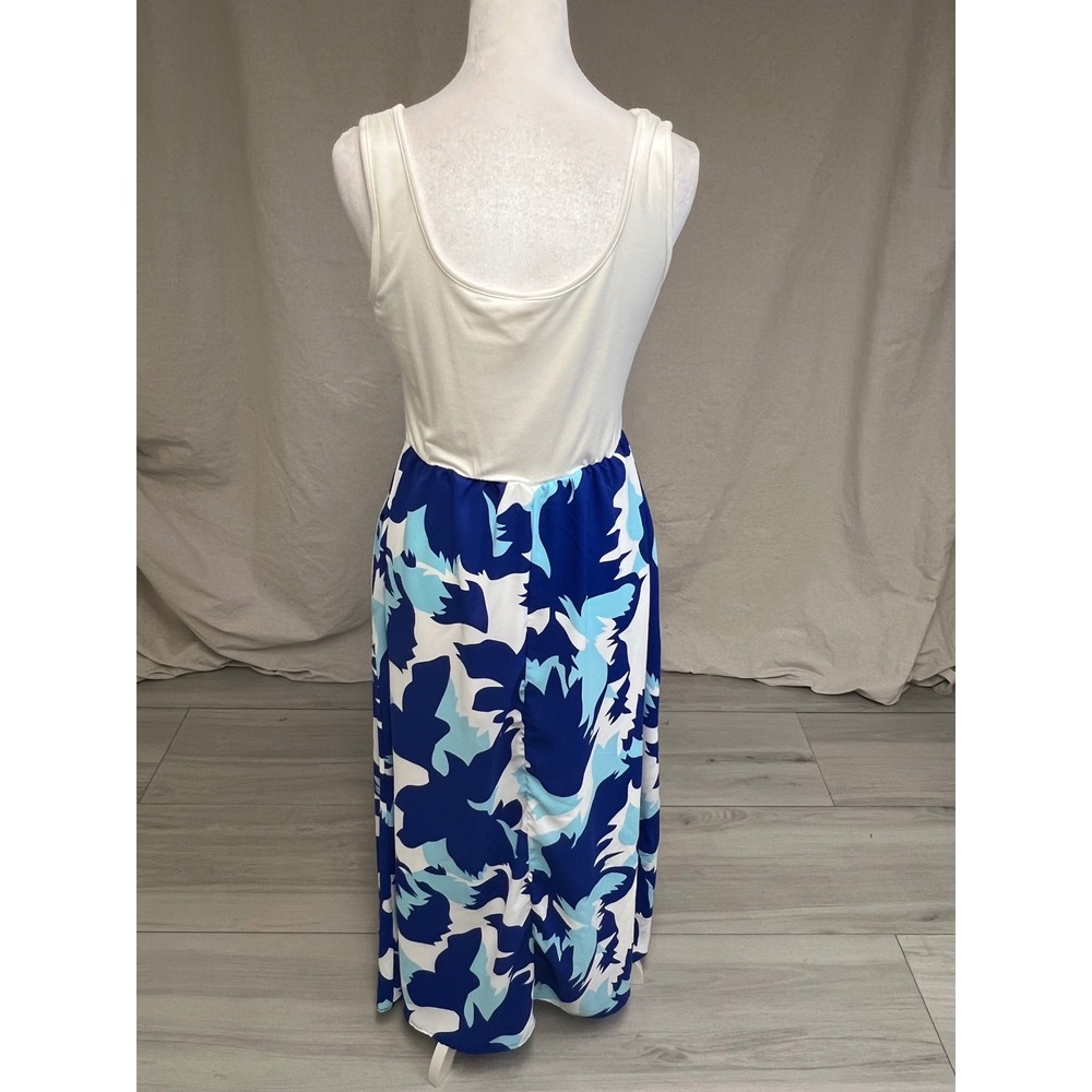 Boho Sleeveless Maxi Dress Abstract Print Blue White Sz M Coastal Nautical Flowy - Picture 4 of 6